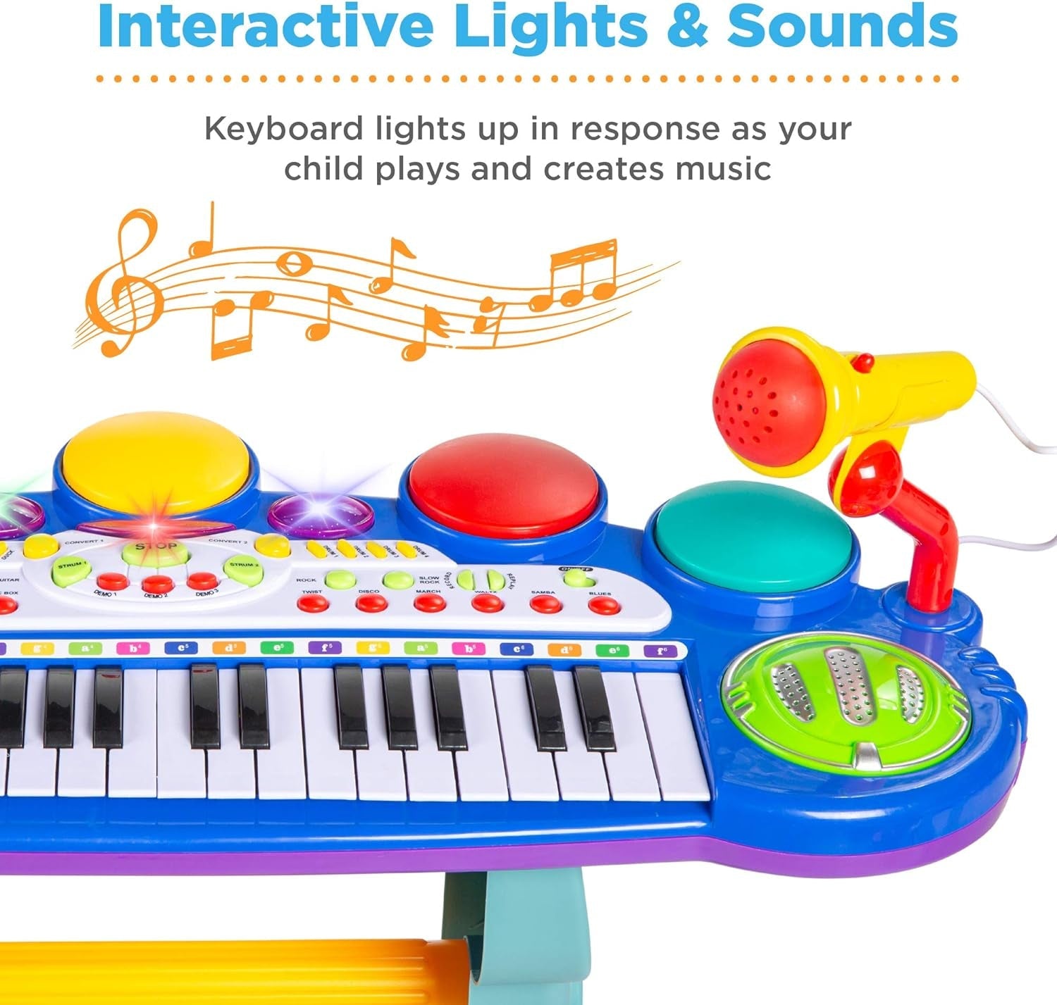 37-Key Kids Electronic Musical Instrument Piano Learning Toy Keyboard W/Multiple Sounds, Lights, Microphone, Stool - Blue