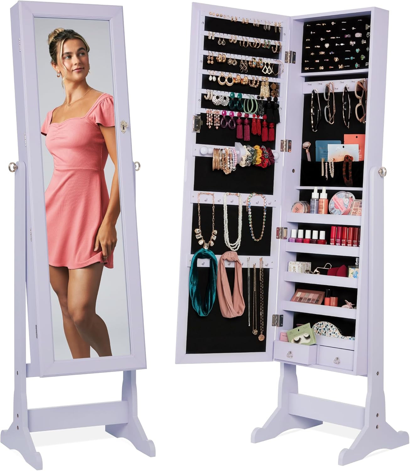 Freestanding Jewelry Armoire Cabinet, Full Length Standing Mirror, Lockable Makeup Storage Organizer, W/Velvet Lining, 3 Angles, Lock, Accessory Pouch, 5 Shelves - Sage