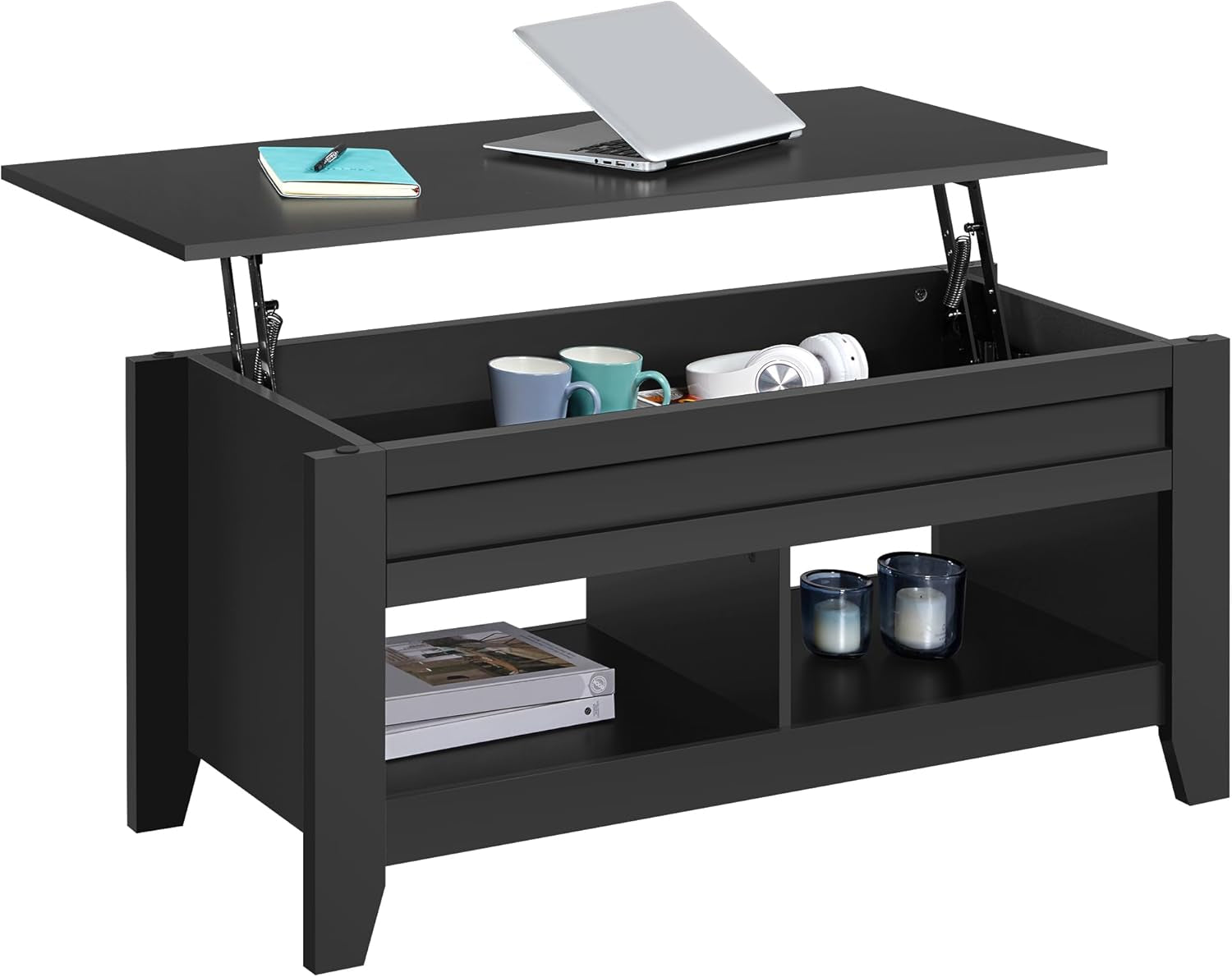 Lift Top Coffee Table with Hidden Storage Compartment &amp; Lower Shelf, Lift Tabletop Farmhouse Table for Living Room Office Reception, 47.5In L, Gray