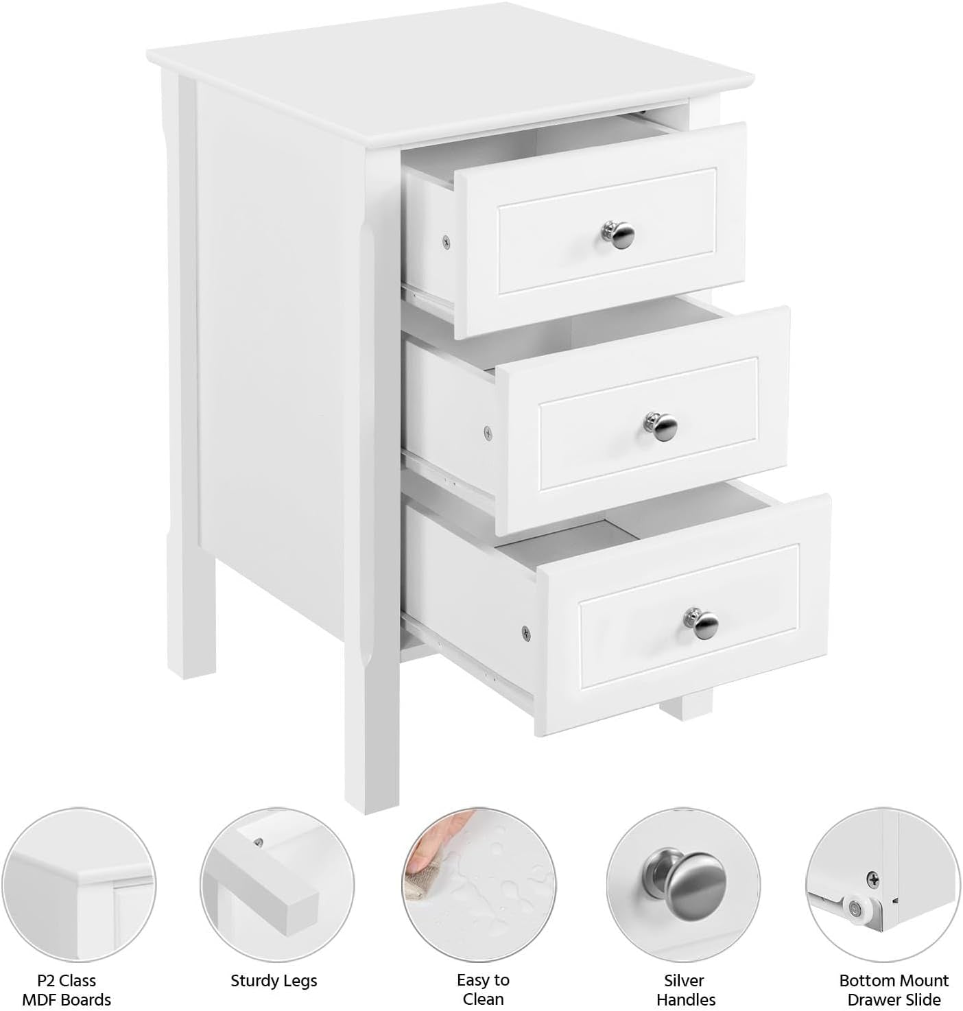 Nightstand with 3 Drawers, Wooden 3-Drawer Bedside Table with Solid Wood Legs, Bedside Cupboard Storage Organizer for Bedroom Home Office Small Space, Easy Assembly, White