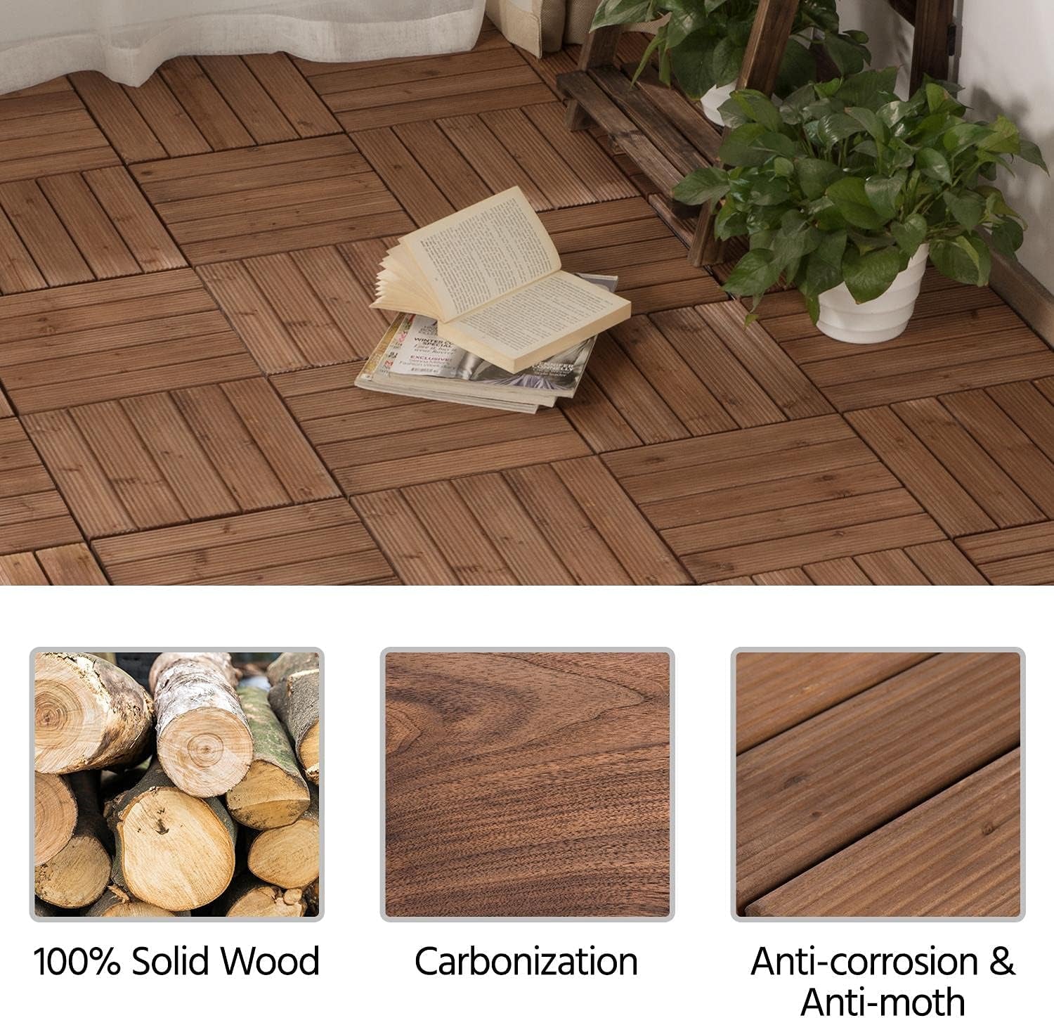 27PCS Interlocking Patio Deck Tiles 12 X 12In Wood Floor Tiles Outdoor Flooring for Patio Garden Deck Poolside Brown