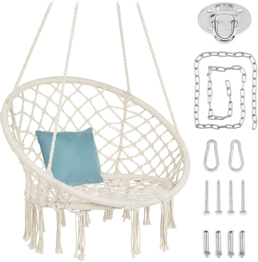 Macramé Hanging Chair, Handwoven Cotton Hammock Swing for Indoor &amp; Outdoor Use W/Mounting Hardware, Backrest, 265Lb Capacity - Beige