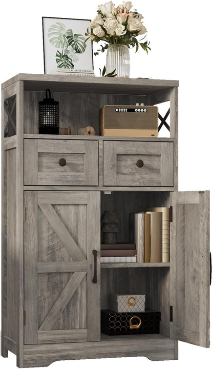 Farmhouse Storage Cabinet with Drawers and Shelf, Freestanding Kitchen Pantry Storage Cabinet, Floor Storage Cabinet Hutch Cupboard for Kitchen, Living Room, Home Office, Rustic Grey