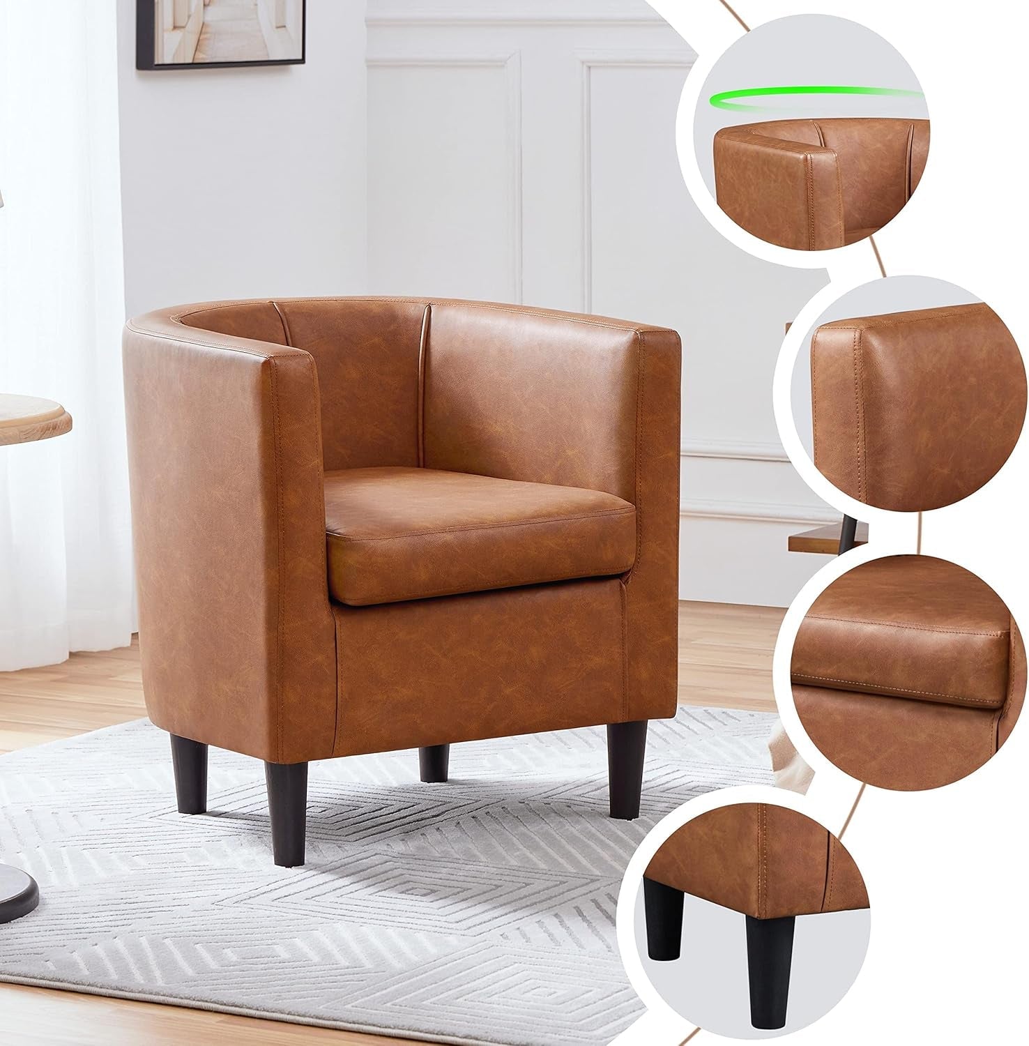 Accent Chair, PU Leather, Modern and Comfortable Armchairs, Upholstered Barrel Sofa Chair for Living Room Bedroom Waiting Room, Brown