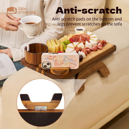 Couch Arm Table 4 in 1, Wooden Sofa Arm Tray, Stable Sofa Arm Table with 360° Rotatable Phone Holder/Cup Holder/Cheese Board, Folding Anti-Slip Couch Arm Tray for Eating/Drinks/Snacks/Remote