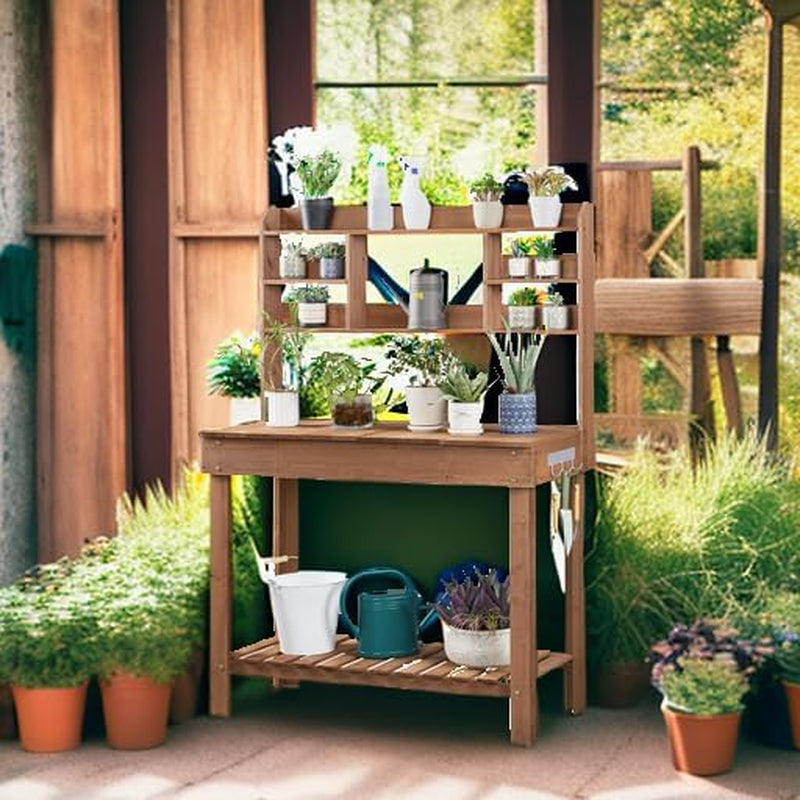 Potting Bench Table Horticulture Germination Table &amp; Outdoor Garden Work Bench Platform W/Display Rack/Storage Shelf/Hanger/Thoughtful Sink Brown