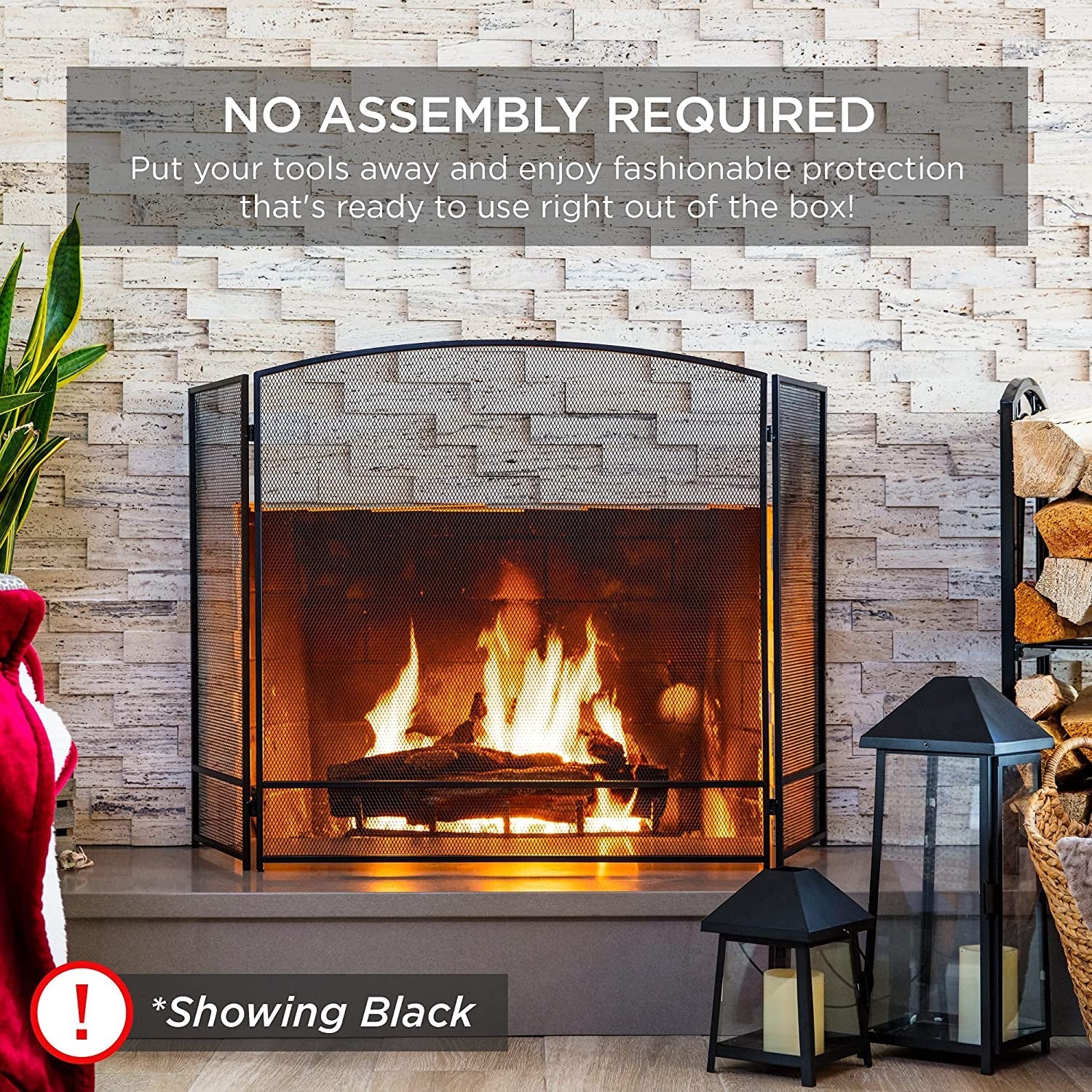 47.5X27.25In 3-Panel Simple Steel Mesh Fireplace Screen, Fire Spark Guard Grate for Living Room Home Decor W/Rustic Worn Finish - Black