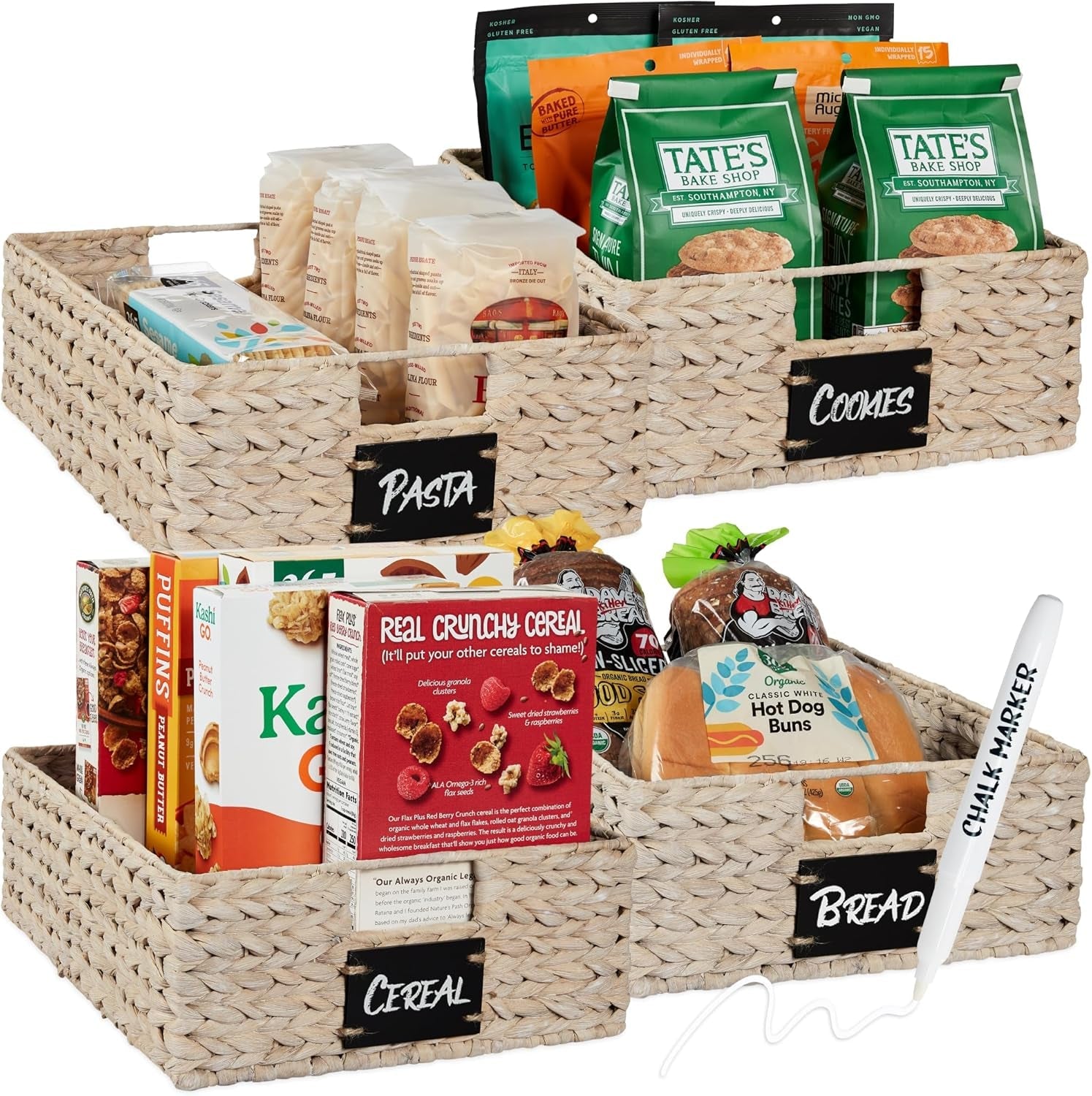 Set of 4 9X12In Water Hyacinth Pantry Baskets, Woven Kitchen Organizers W/Chalkboard Label, Chalk Marker - Natural