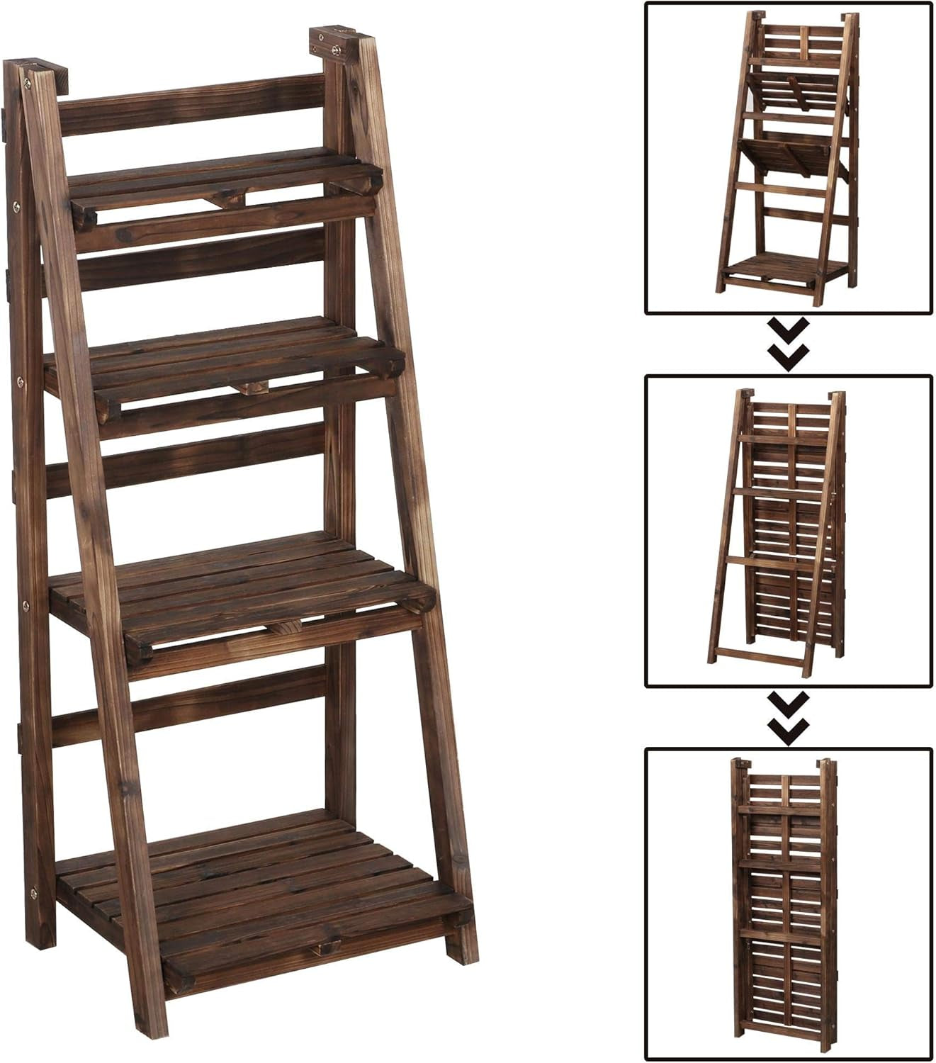 Wooden Foldable Ladder Shelf 4-Tier Magazine Holder Book Rack Plant Stand Folding Flower Display Pot Decorative Storage Free Standing Indoors/Outdoors Rustic No Assembly Required Brown