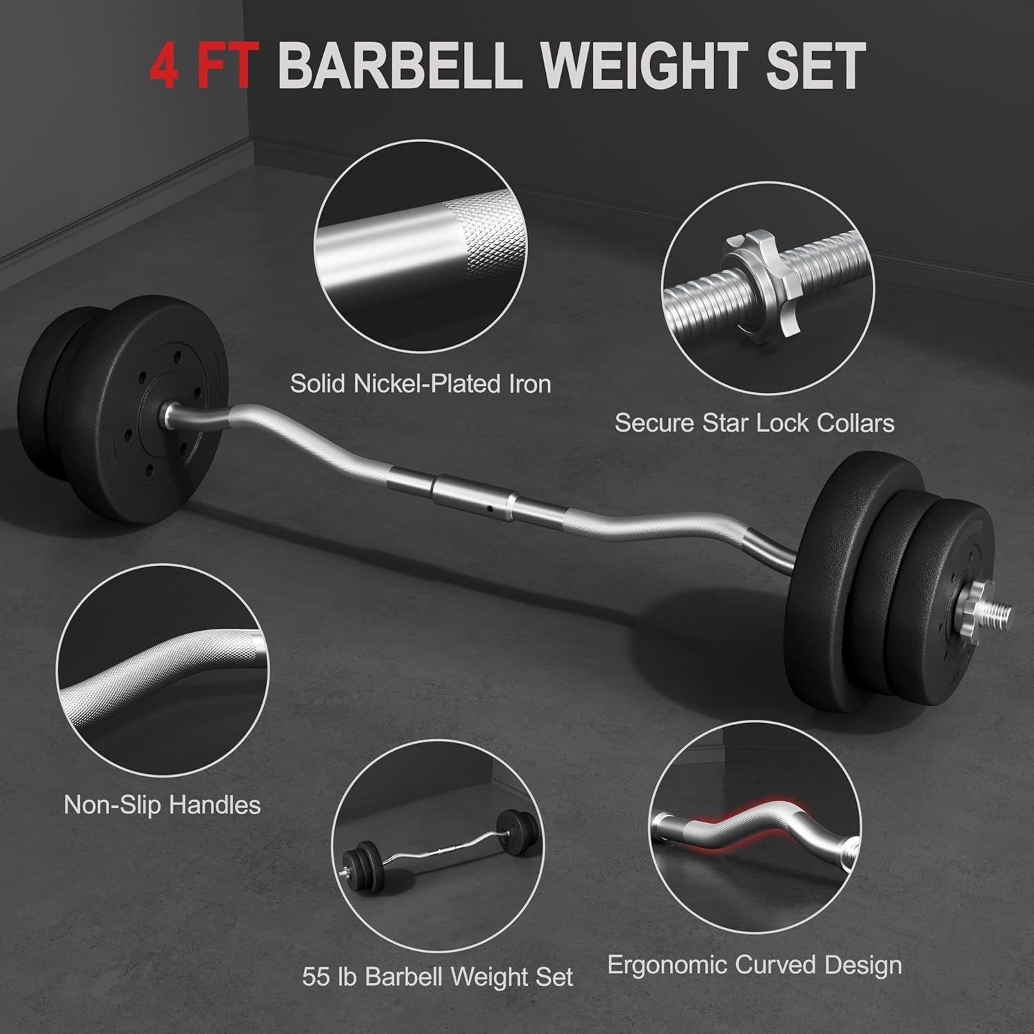 55Lb Olympic Barbell Dumbbell Weight Set Gym Lifting Exercise Workout Olympic Bar Curl Bar