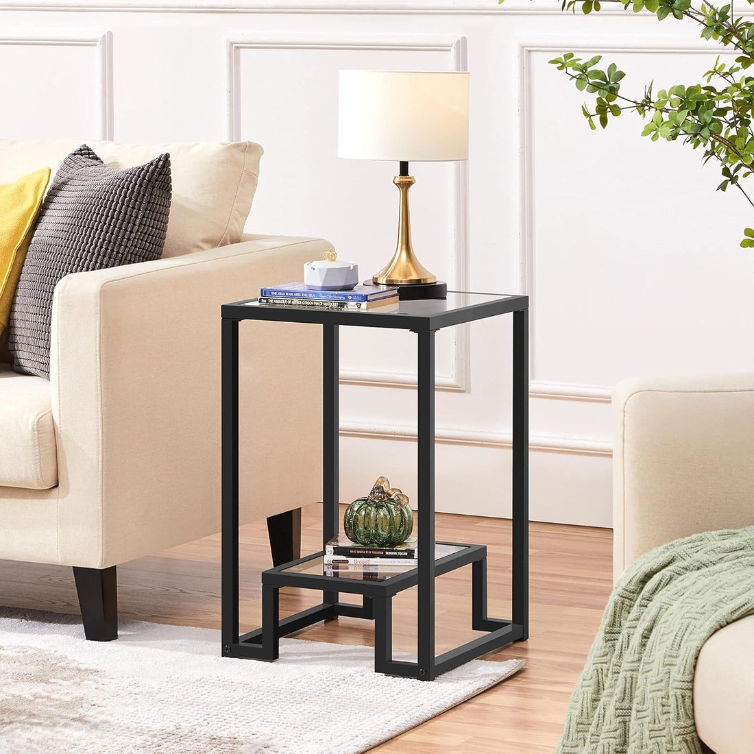 Glass Side Table, Tempered Glass End Table with Shelf and Sturdy Metal Frame, Modern Elegant Accent Snake Table Small Coffee Table for Living Room Hallway Bedroom, Black