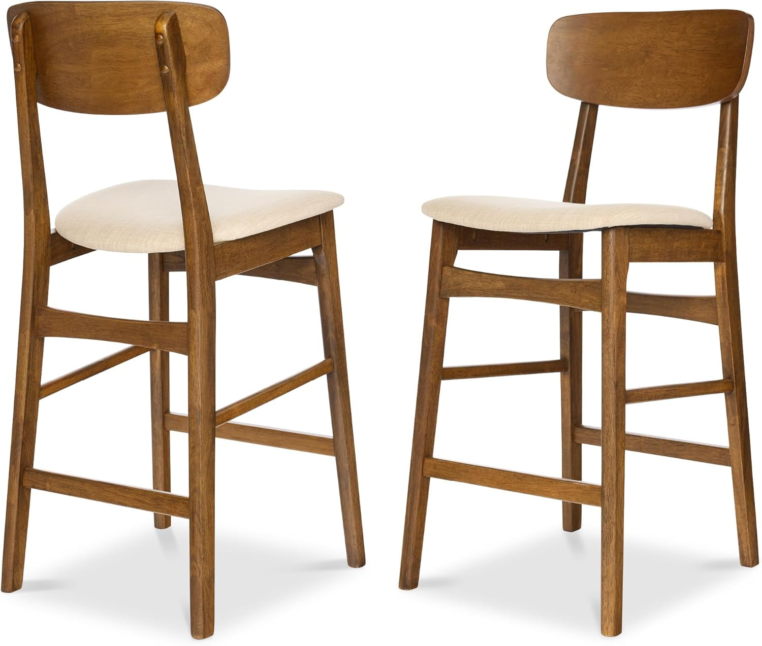 Bar Stool Set of 2, Farmhouse Counter Height W/Armless Upholstered Cushioned Seat, Wooden Curved Backrest - Walnut/Charcoal