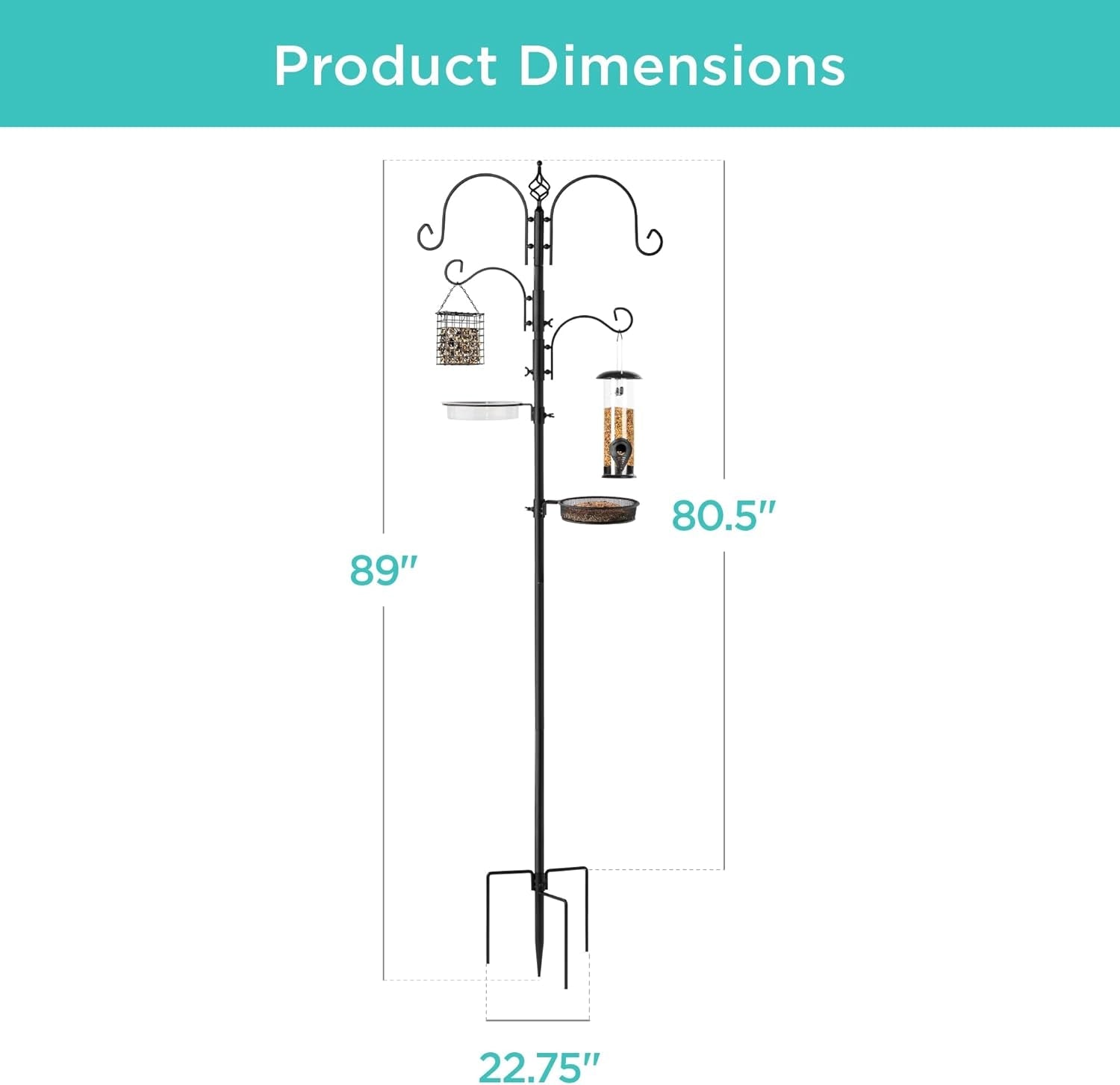 91In 4-Hook Bird Feeding Station, Steel Multi-Feeder Kit Stand for Attracting Wild Birds W/ 2 Bird Feeders, Mesh Tray, Bird Bath, 4-Prong Base - Black