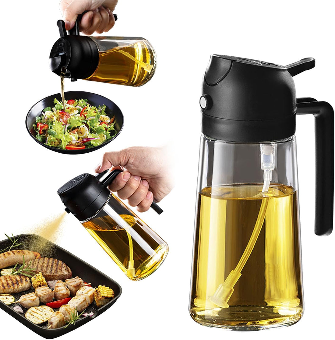 16Oz/470Ml Olive Oil Sprayer for Cooking - 2 in 1 Olive Oil Dispenser for Kitchen Gadgets, Air Fryer, Salad, and BBQ - Black