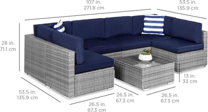 7-Piece Modular Outdoor Sectional Wicker Patio Conversation Set W/ 2 Pillows, Coffee Table, Cover Included - Gray/Navy