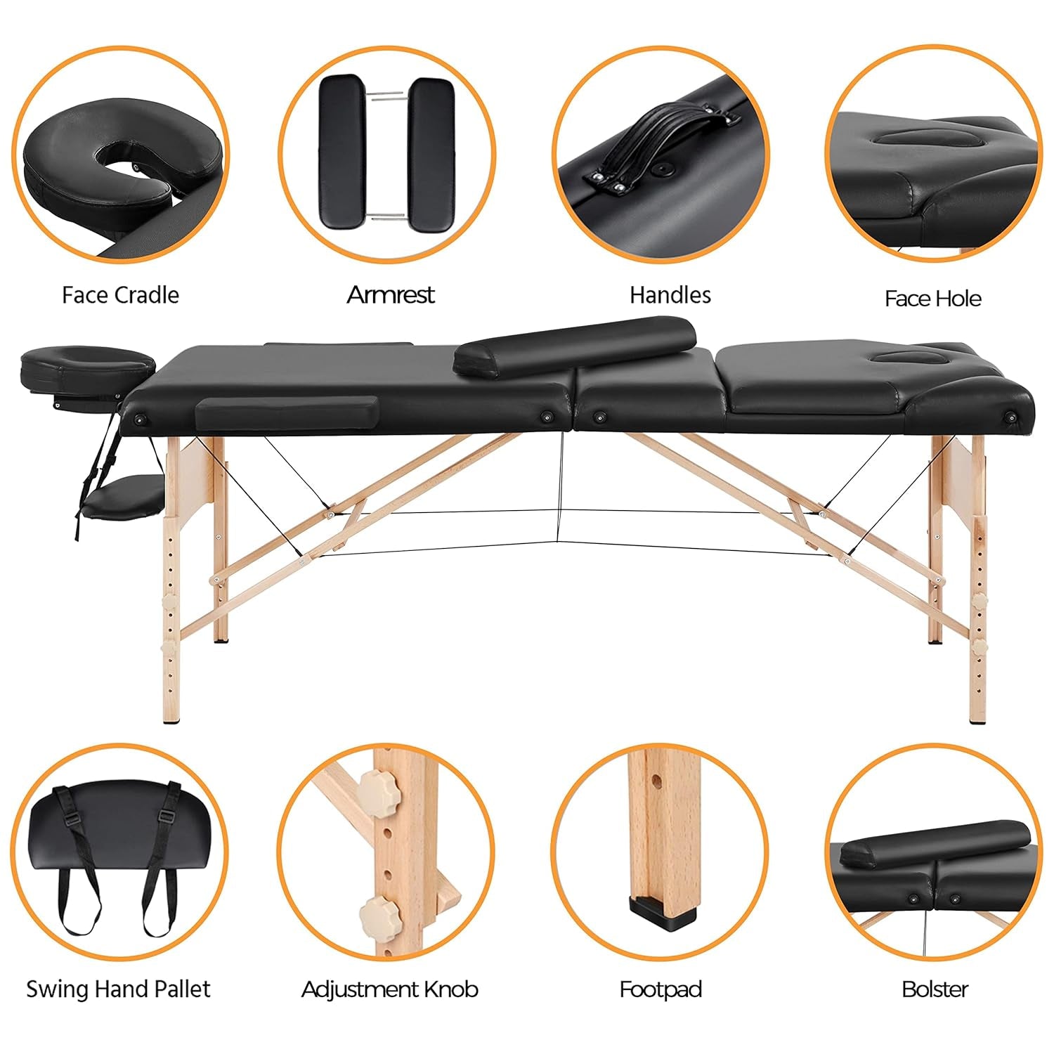 Massage Tables Portable Lash Bed Foldable Massage Bed Wide Tattoo Table with Bolster &amp; Carrying Bag Beauty Facial Bed Black