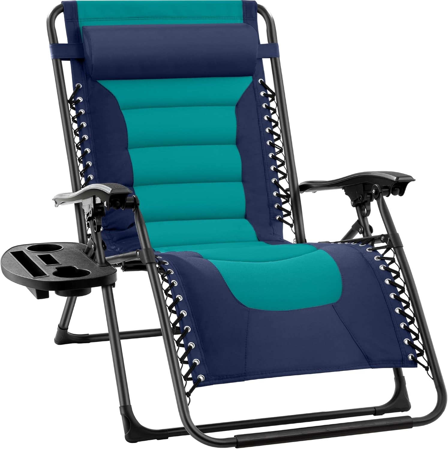 Oversized Padded Zero Gravity Chair, Folding Outdoor Patio Recliner, XL anti Gravity Lounger for Backyard W/Headrest, Cup Holder, Side Tray, Polyester Mesh - Black/Gray