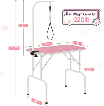 32-Inch Foldable Pet Dog Grooming Table W/Adjustable Height Arm - Drying Table for Home W/Noose for Small Dogs Cats, Maximum Capacity up to 220Lbs, Pink