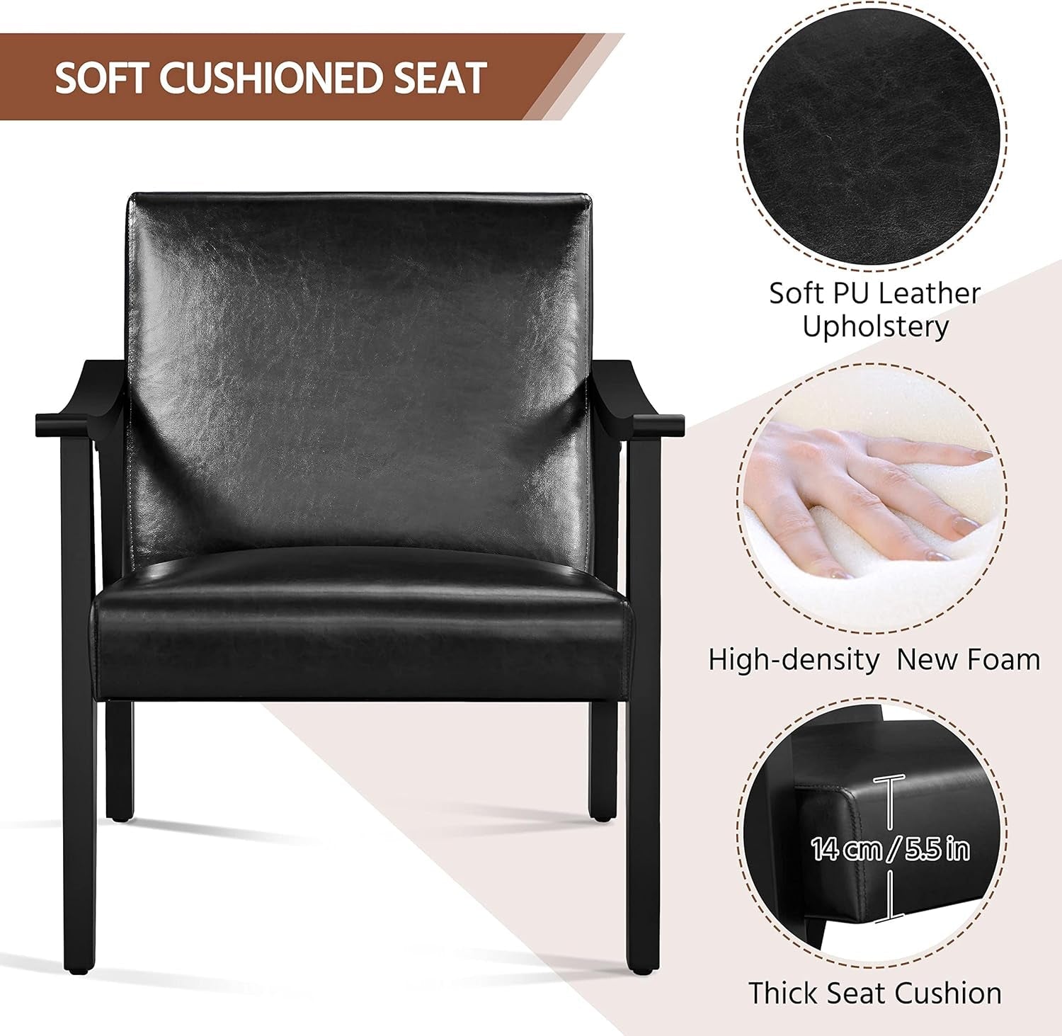 PU Leather Accent Chair, Mid-Century Modern Armchair with Solid Wood Legs, Reading Leisure Chair with High Back for Living Room Bedroom Waiting Room, Black