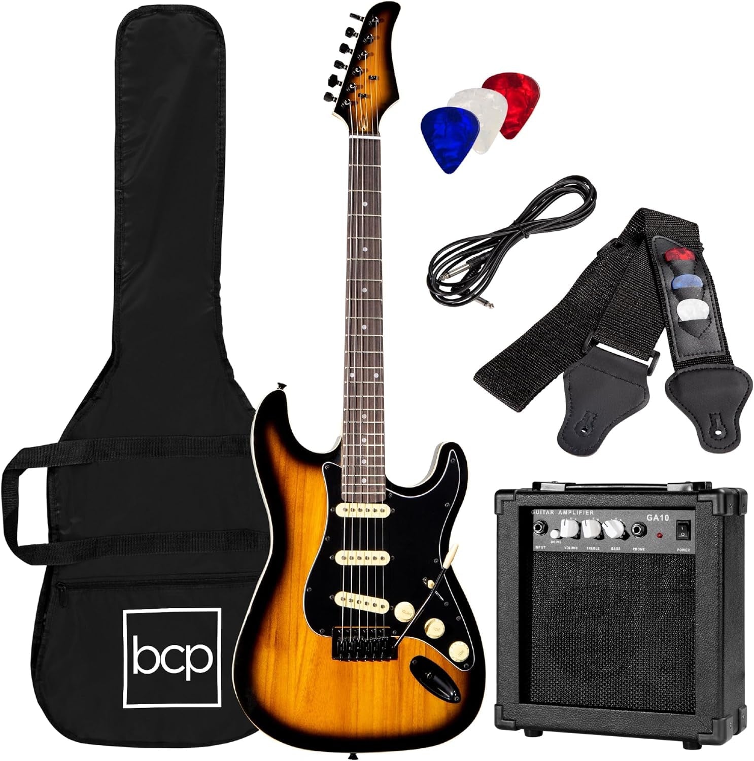 39In Full Size Beginner Electric Guitar Starter Kit W/Case, Strap, 10W Amp, Strings, Pick, Tremolo Bar - Jet Black