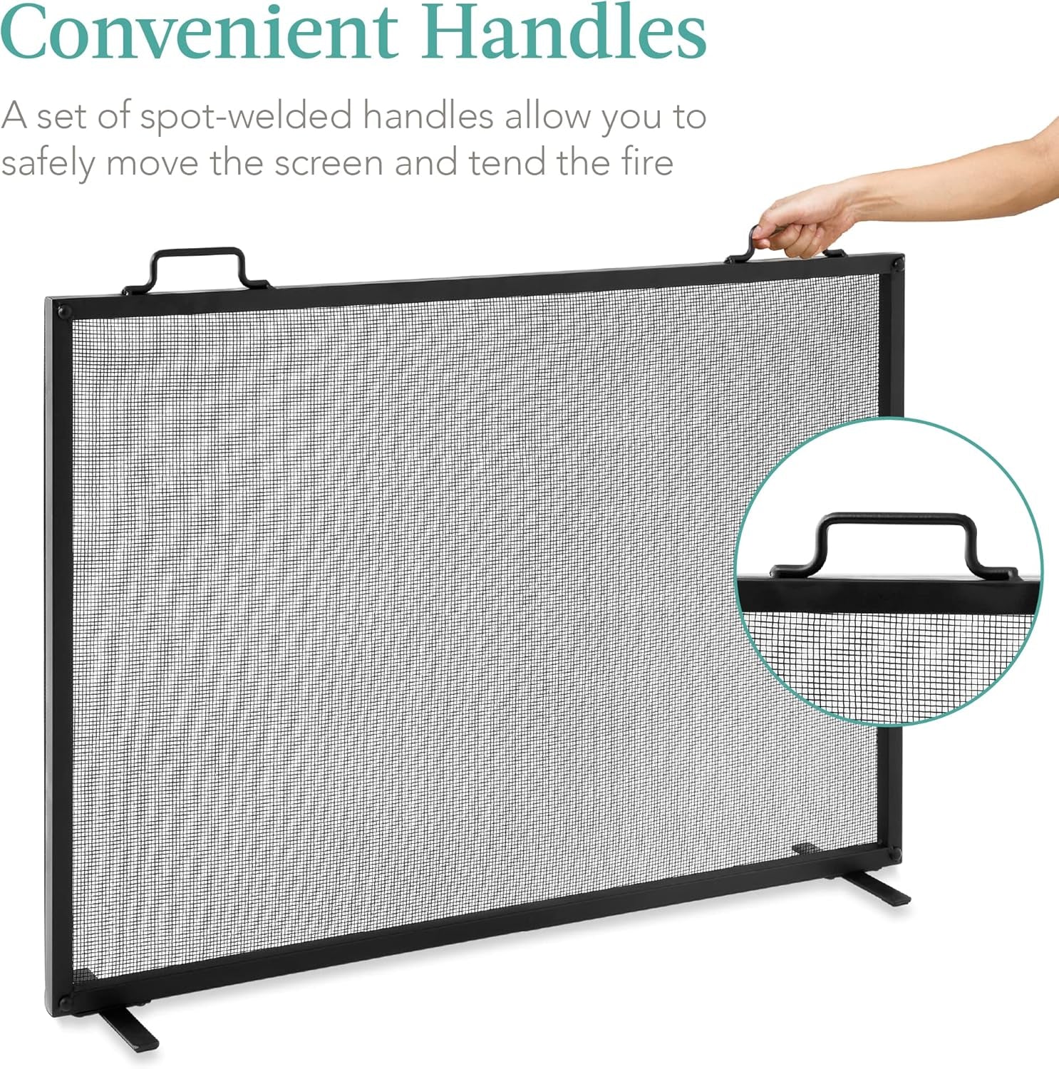 38X27In Single Panel Fireplace Screen Handcrafted Steel Mesh Spark Guard for Living Room, Bedroom Décor W/Handles - Black