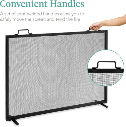 38X27In Single Panel Fireplace Screen Handcrafted Steel Mesh Spark Guard for Living Room, Bedroom Décor W/Handles - Black