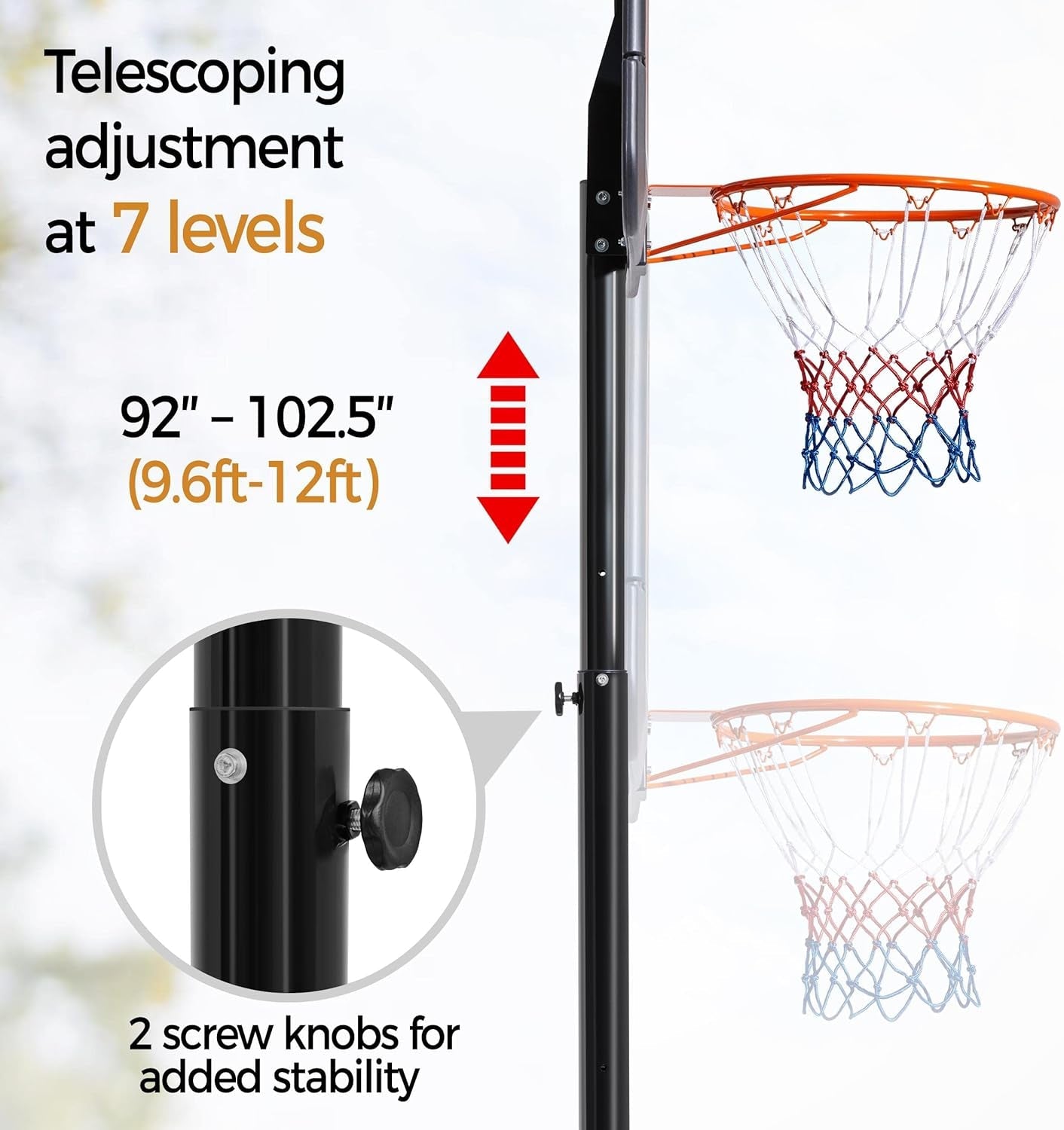 Basketball Hoop Outdoor Basketball Goal 9.6-12Ft Height Adjustable Portable Basketball Hoops with 44 Inch Backboard and 2 Wheels Black/Orange