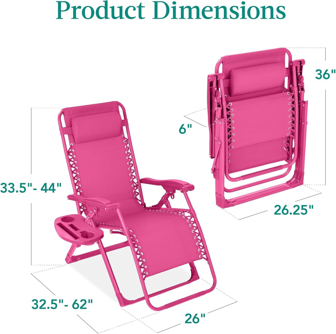 Adjustable Zero Gravity Chair, Monochromatic Color Folding Patio Recliner W/Side Tray, Headrest - Hot Pink