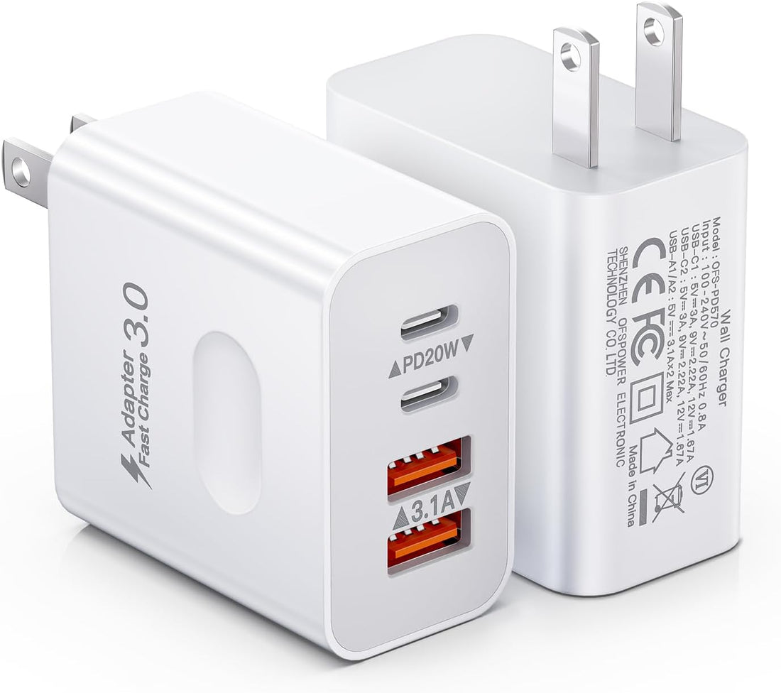 [2-Pack] USB C Wall Charger, 40W 4-Port Fast Charging Block USB C Charger Dual USBC Power Adapter + QC Wall Plug Multiport Brick Type C Block for Iphone 15/14/13/12/11/Pro Max/Xs/Xr, Ipad, Samsung