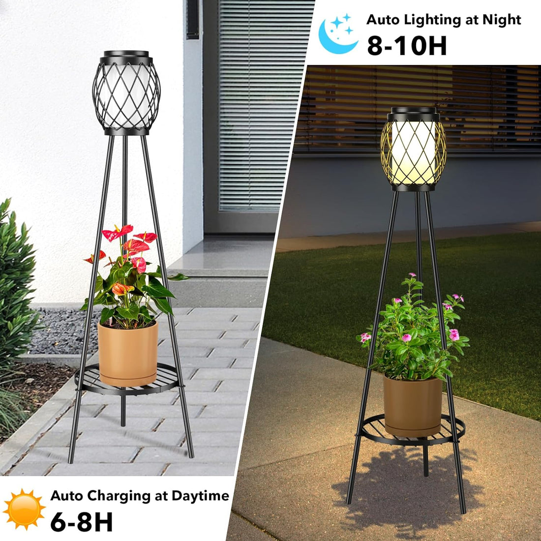 Solar Lights Outdoor Street Lights with Plant Stands 2 Pack, Solar Floor Lamp Metal Tripod Patio Lights for Garden Yard Pathway Driveway Front/Back Porch Decoration