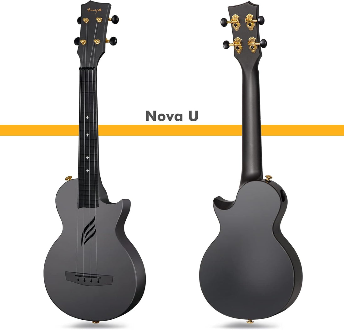 Concert Ukulele Nova U 23’’ Carbon Fiber Travel Ukulele with Beginner Kit Includes Online Lessons, Case, Strap, Capo and Strings (Black)