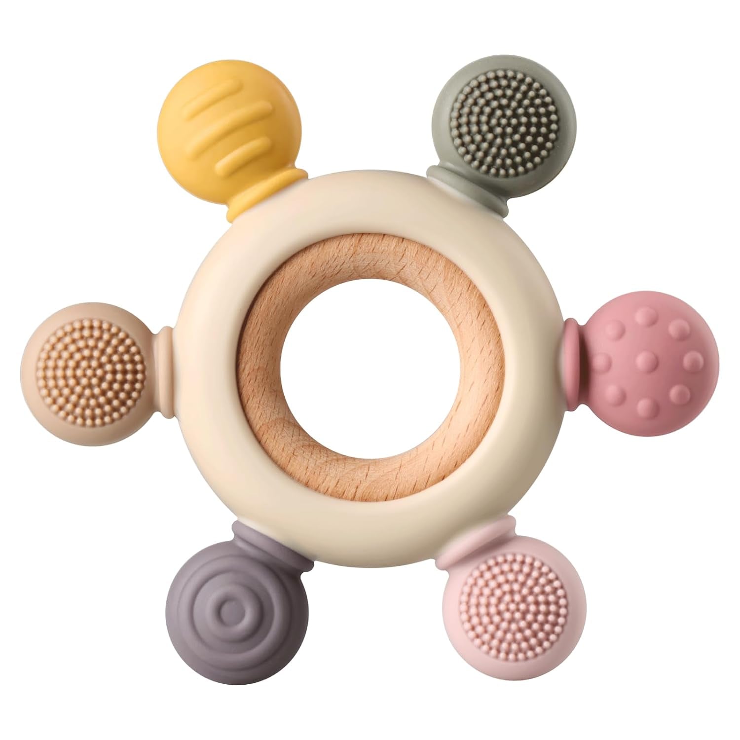 Baby Teething Toys, Silicone Chewable Toys with Organic Wooden Ring for Infants 3+ Months, Silicone Teething Toys for Soothing Sore Gums, Sucking Needs (6 Directions, Khaki)