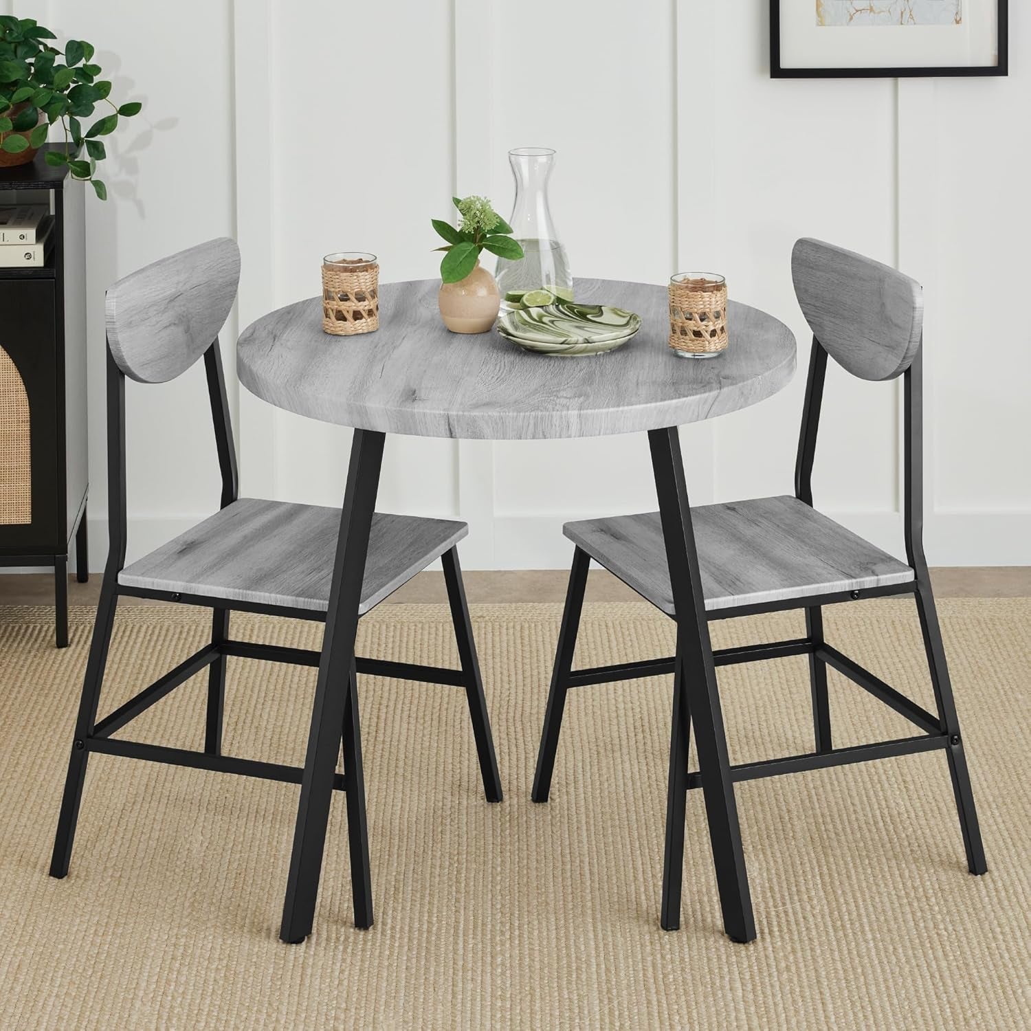 3-Piece Mid-Century Modern round Dining Set, Space Saving Dinette for Kitchen, Dining Room, Small Space W/Metal Legs - Brown