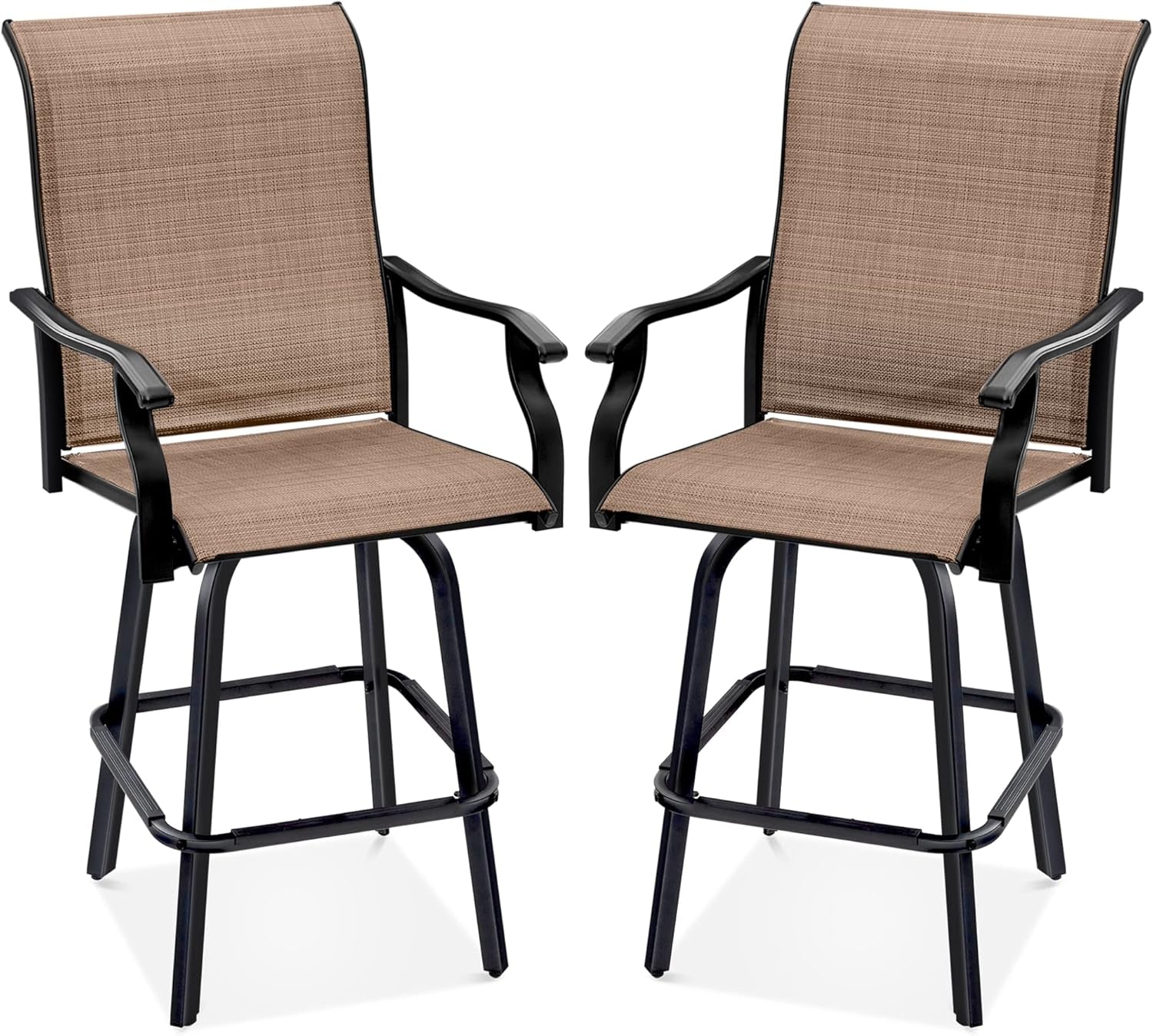 Set of 2 Swivel Barstools, Bar Height Outdoor Chairs, 360 Rotating Patio Bar Stools W/All-Weather Mesh, 300Lb Capacity - Tan