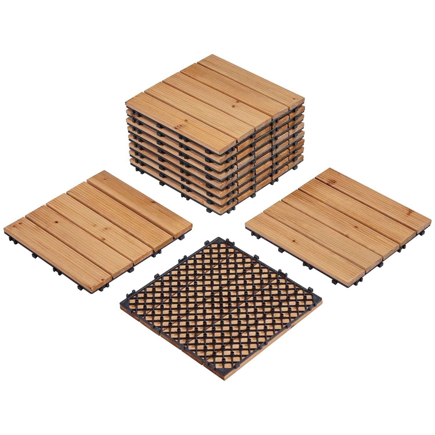 11Pcs Patio Deck Tiles 12 X 12In Interlocking Wood Floor Tiles Indoor &amp; Outdoor for Patio Garden Deck Poolside Tiles, Black