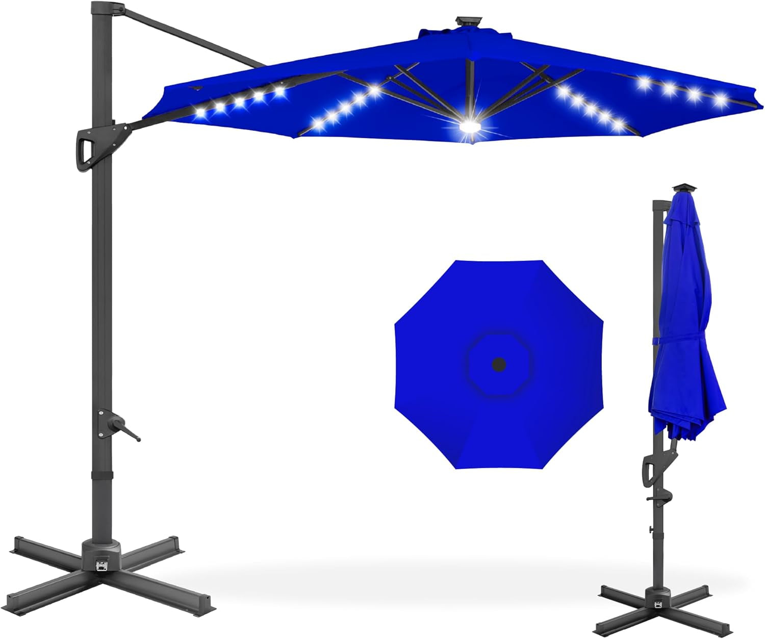 10Ft Solar LED Cantilever Patio Umbrella, 360-Degree Rotation Hanging Offset Market Outdoor Sun Shade for Backyard, Deck, Poolside W/Lights, Easy Tilt, Cross Base