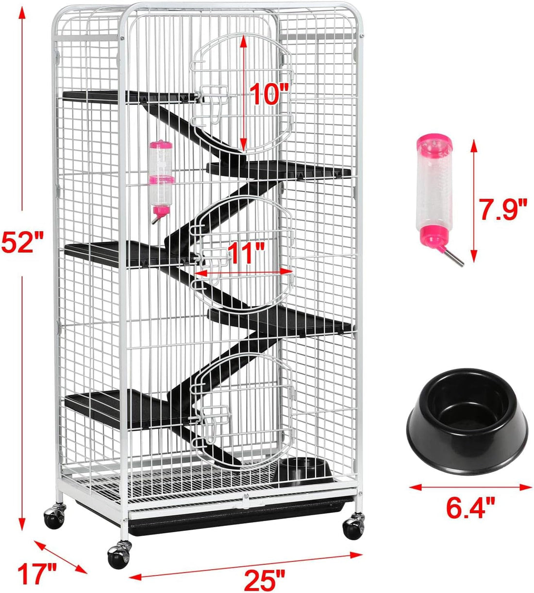 52-Inch Rat Cage Multi Level Rolling Pet Cage for Ferret/Chinchilla/Squirrels/Bunny with Water Bottle, White