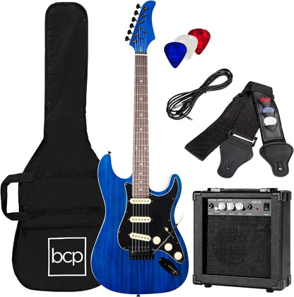 39In Full Size Beginner Electric Guitar Starter Kit W/Case, Strap, 10W Amp, Strings, Pick, Tremolo Bar - Jet Black