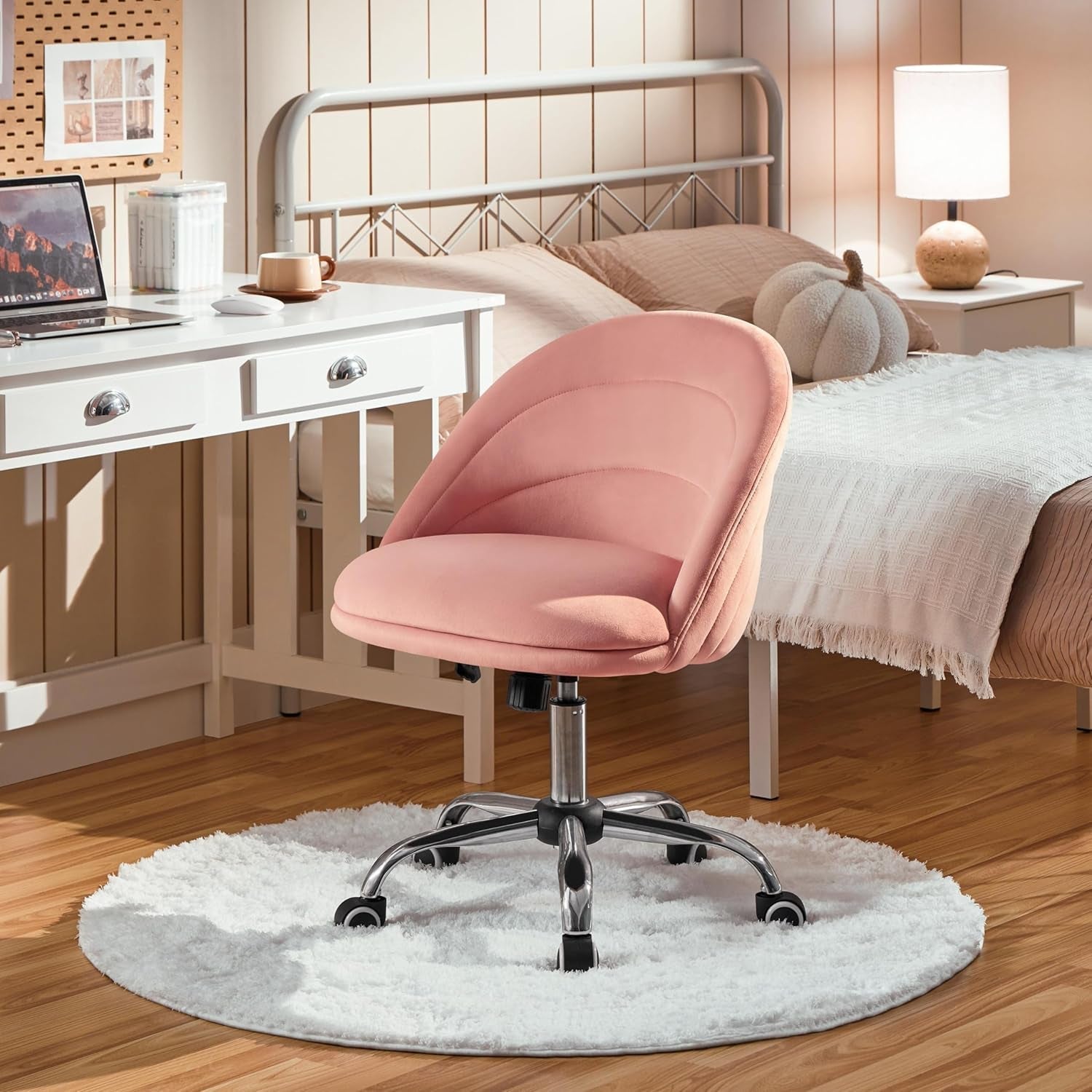 Velvet Cute Desk Chair Armless Office Chair Swivel Vanity Chair with Wheels Adjustable Comfy Desk Chair Soft Rocking Chair for Home Office, Living Room Pink