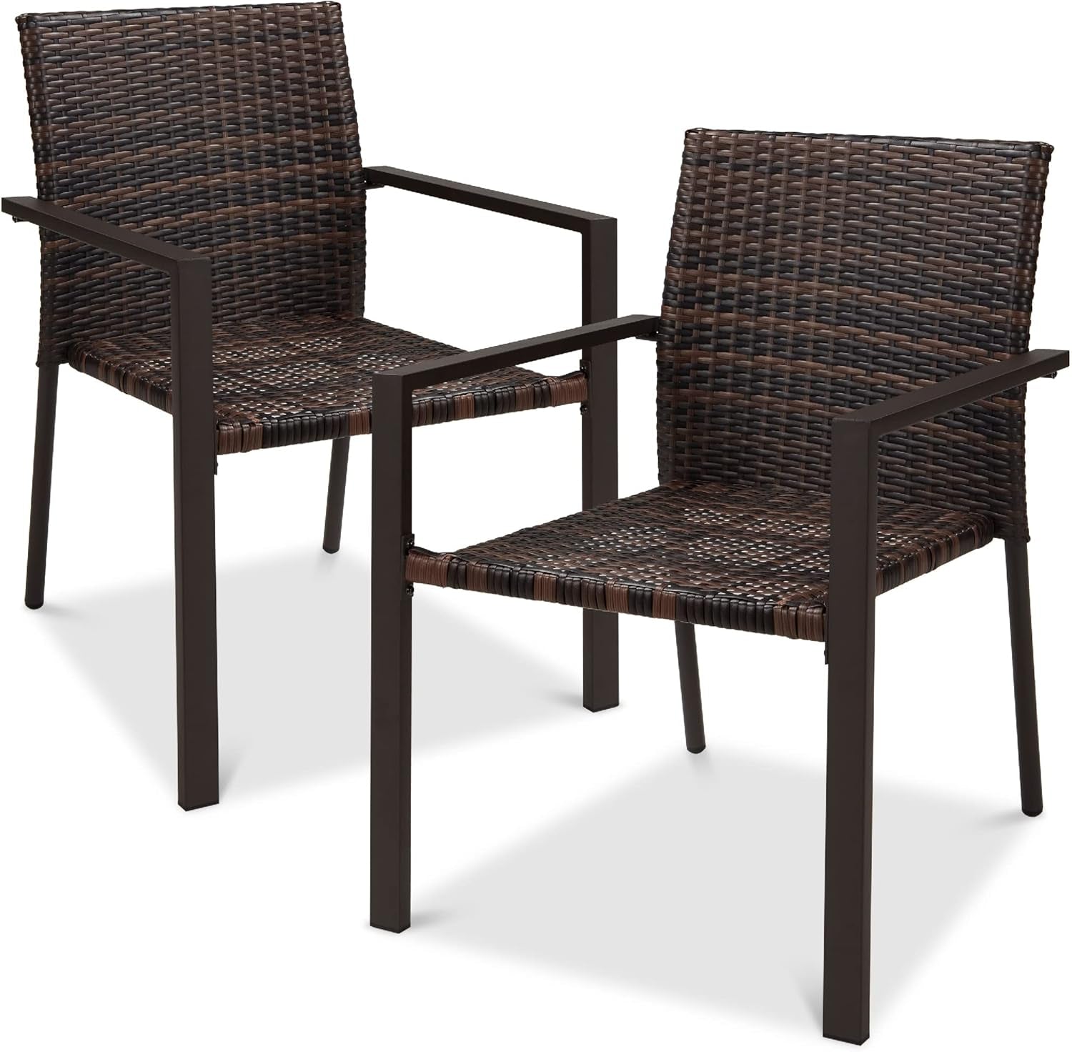 Set of 2 Stackable Outdoor Wicker Dining Chairs All-Weather Firepit Armchair W/Armrests, Steel Frame for Patio, Deck, Garden, Yard - Brown