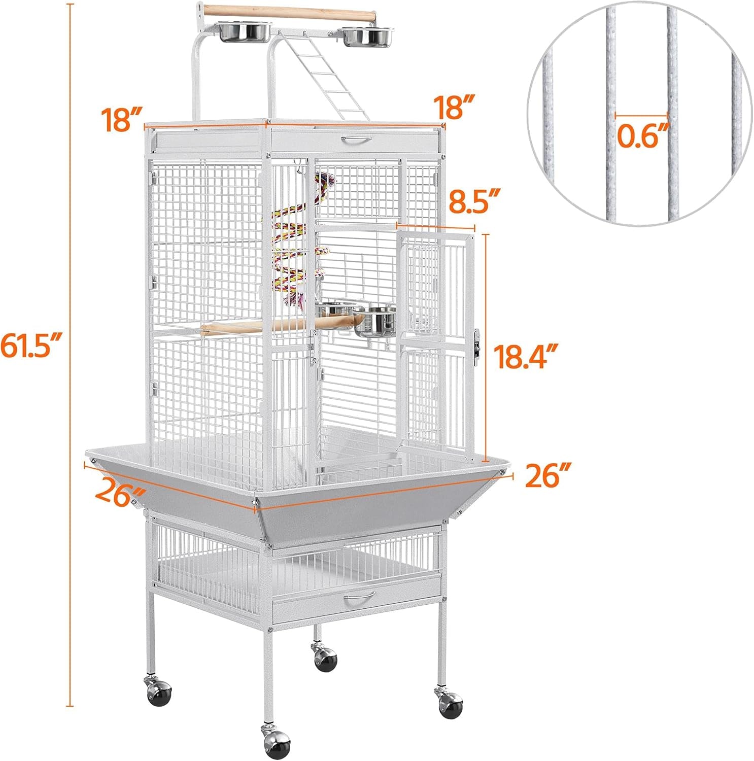 Wrought Iron Bird Cages, Play Top Large Aviary with Stand for Cockatiel Parrot Sun Parakeet Conures Lovebird Budgie Finch African Grey White, 61-Inch