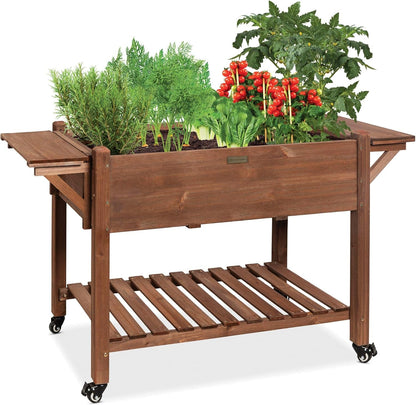 57X20X33In Mobile Raised Garden Bed Elevated Wood Planter Box Stand for Backyard, Patio W/Folding Side Tables, Locking Wheels - Brown