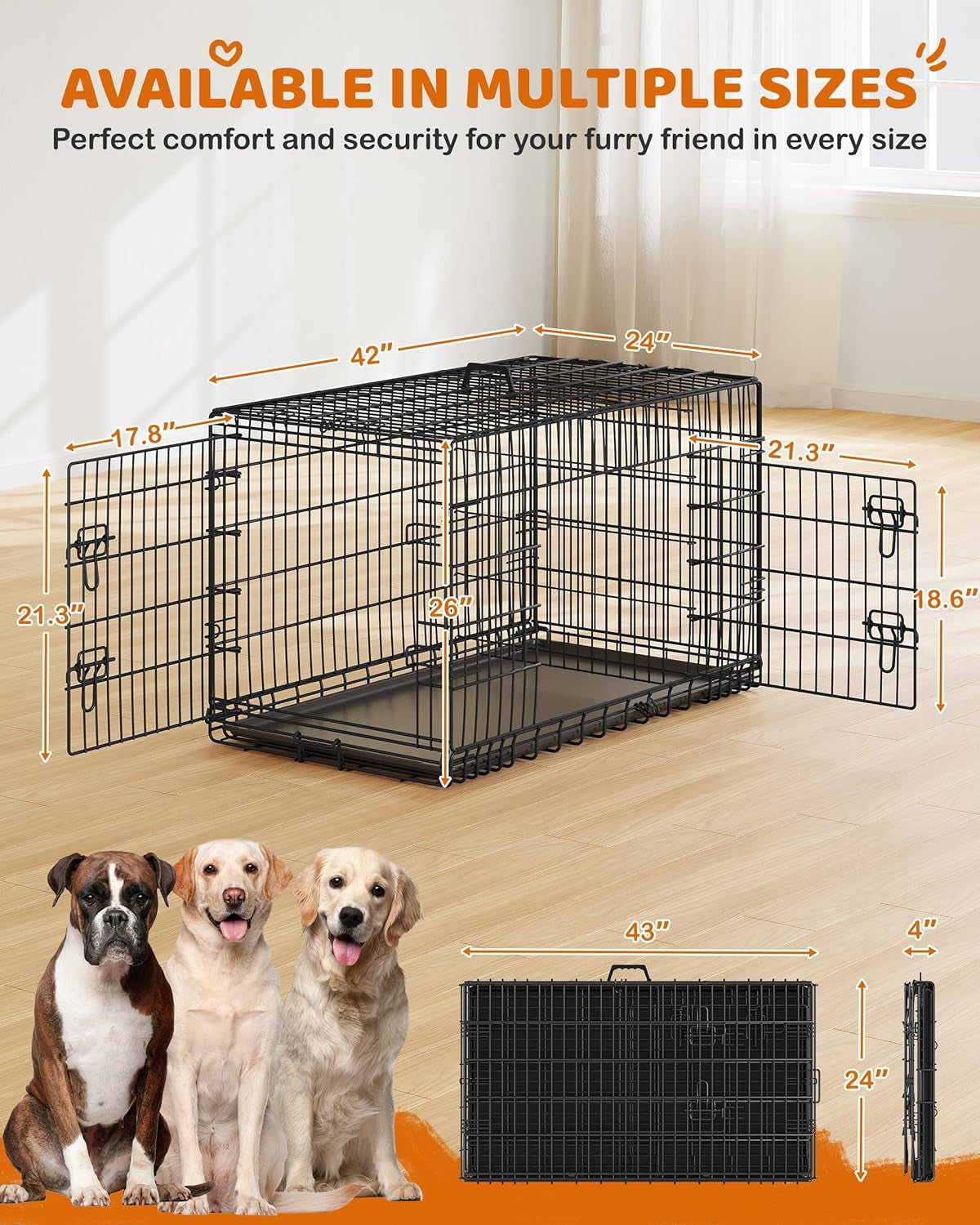 42 Inch Dog Crate Double Door Dog Crate W/Divider for Puppy to Adult XL Collapsible Metal Dog Crate with Removable Tray Wire Dog Kennel Pet Crate for Large Dogs Portable Travel Cage, Black