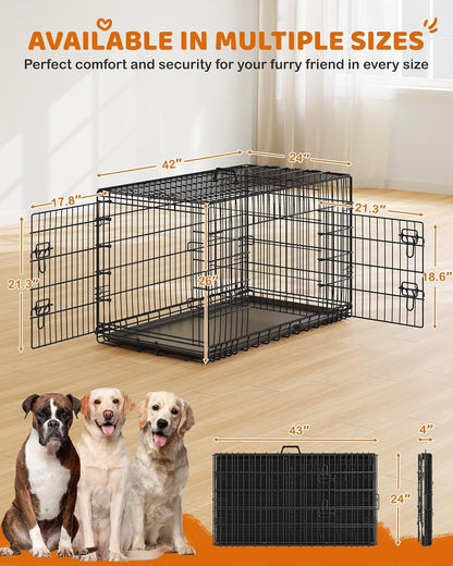 42 Inch Dog Crate Double Door Dog Crate W/Divider for Puppy to Adult XL Collapsible Metal Dog Crate with Removable Tray Wire Dog Kennel Pet Crate for Large Dogs Portable Travel Cage, Black