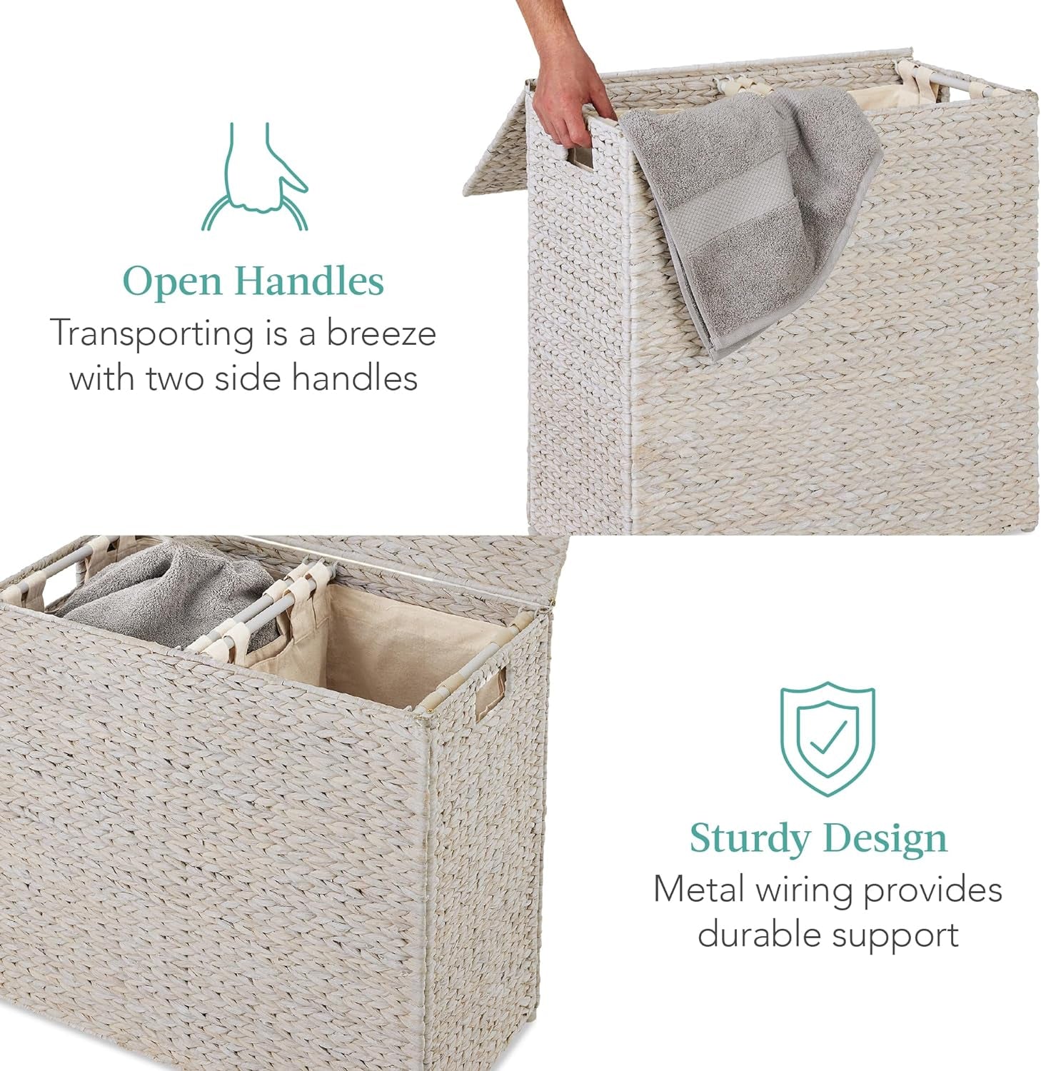 Large Double Laundry Hamper with Lid, Natural Handwoven Water Hyacinth, 2 Sections W/ 2 Machine Washable Linen Liner Bags, Portable, Handles - White