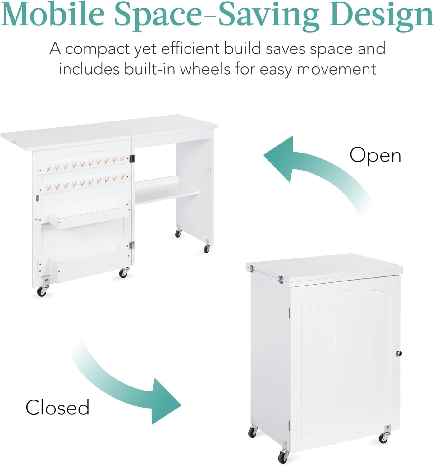 Folding Sewing Table Multipurpose Craft Station &amp; Side Desk with Compact Design, Wheels, Shelves, Storage Trays, Pegs, Magnetic Doors, Metal Doorknobs - White