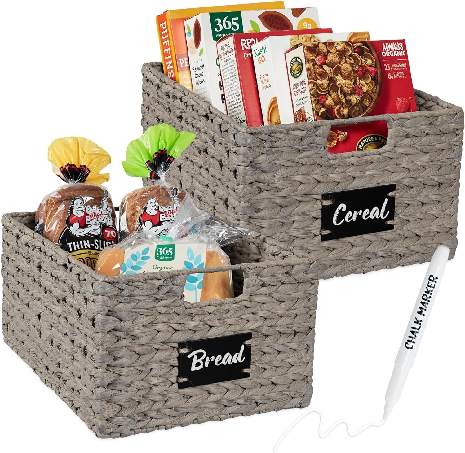 Set of 4 9X12In Water Hyacinth Pantry Baskets, Woven Kitchen Organizers W/Chalkboard Label, Chalk Marker - Natural