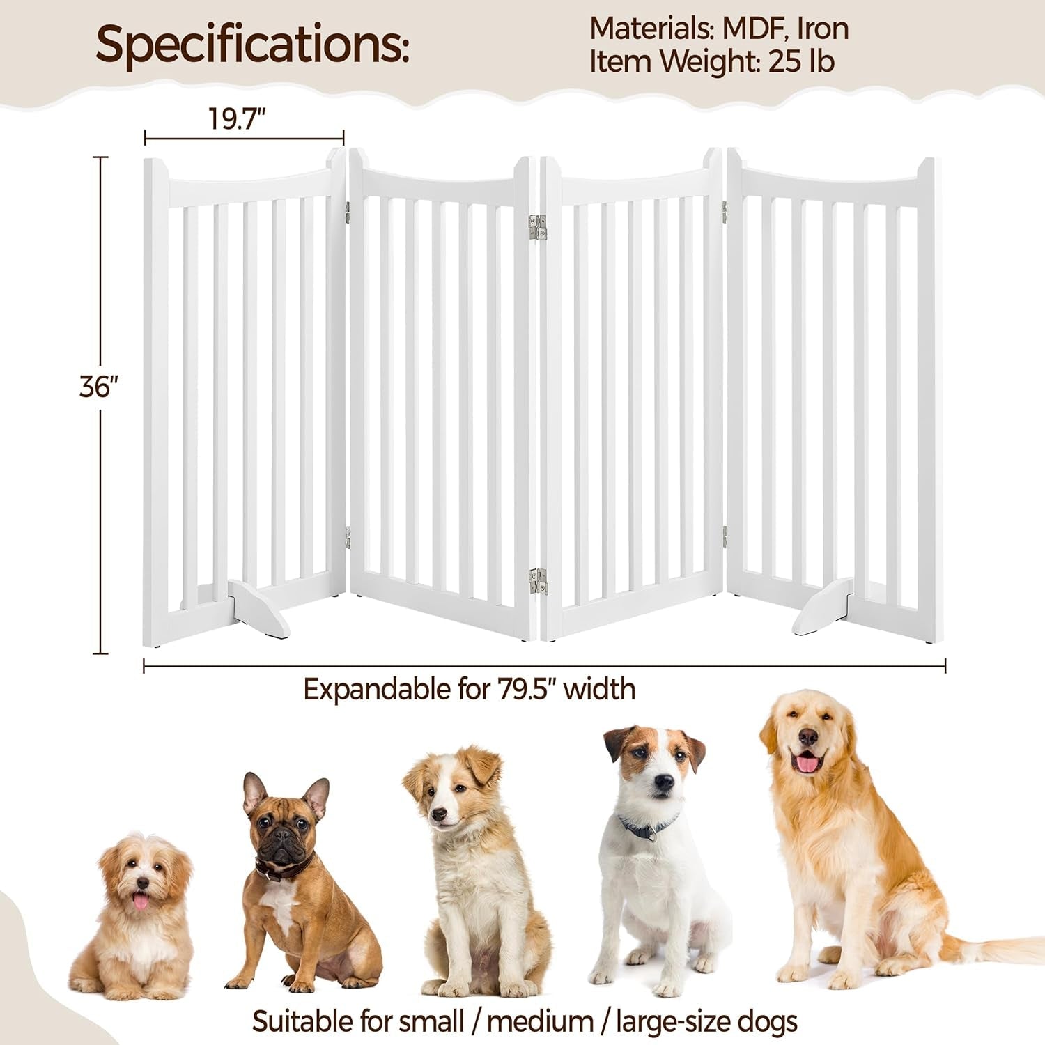 36&quot; H Extra Tall Freestanding Pet Gate 4-Panel Wooden Dog Fence with 2 Support Feet Folding Dog Gate for Indoor, Stairs, Doorways, Halls, Kitchen Wooden Pet Barrier White, 79.5&quot; L X 36&quot; H