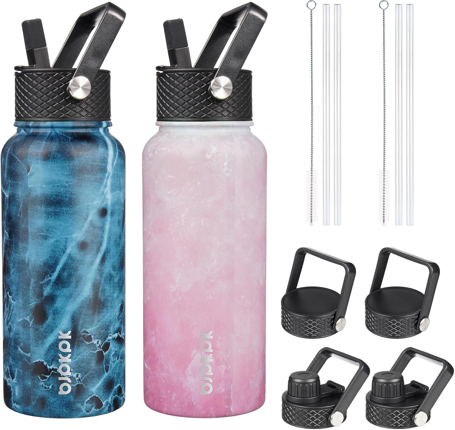 2 Pack Insulated Water Bottles with Straw Lids, 32Oz Stainless Steel Metal Water Bottle with 6 Lids, Leak Proof BPA Free Thermos, Cups, Flasks for Travel, Sports (Blossom+Ocean)