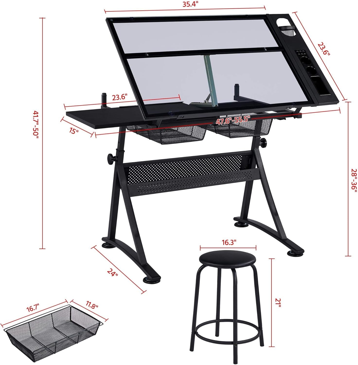 Drawing Table, Art Craft Desk with Adjustable Tabletop, Painters/Artist Work Station, Study Table with Stool, Tempered Glass Top